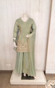 Sage Green Silk Kurti Palazzo Set with Gold Zari Embroidery