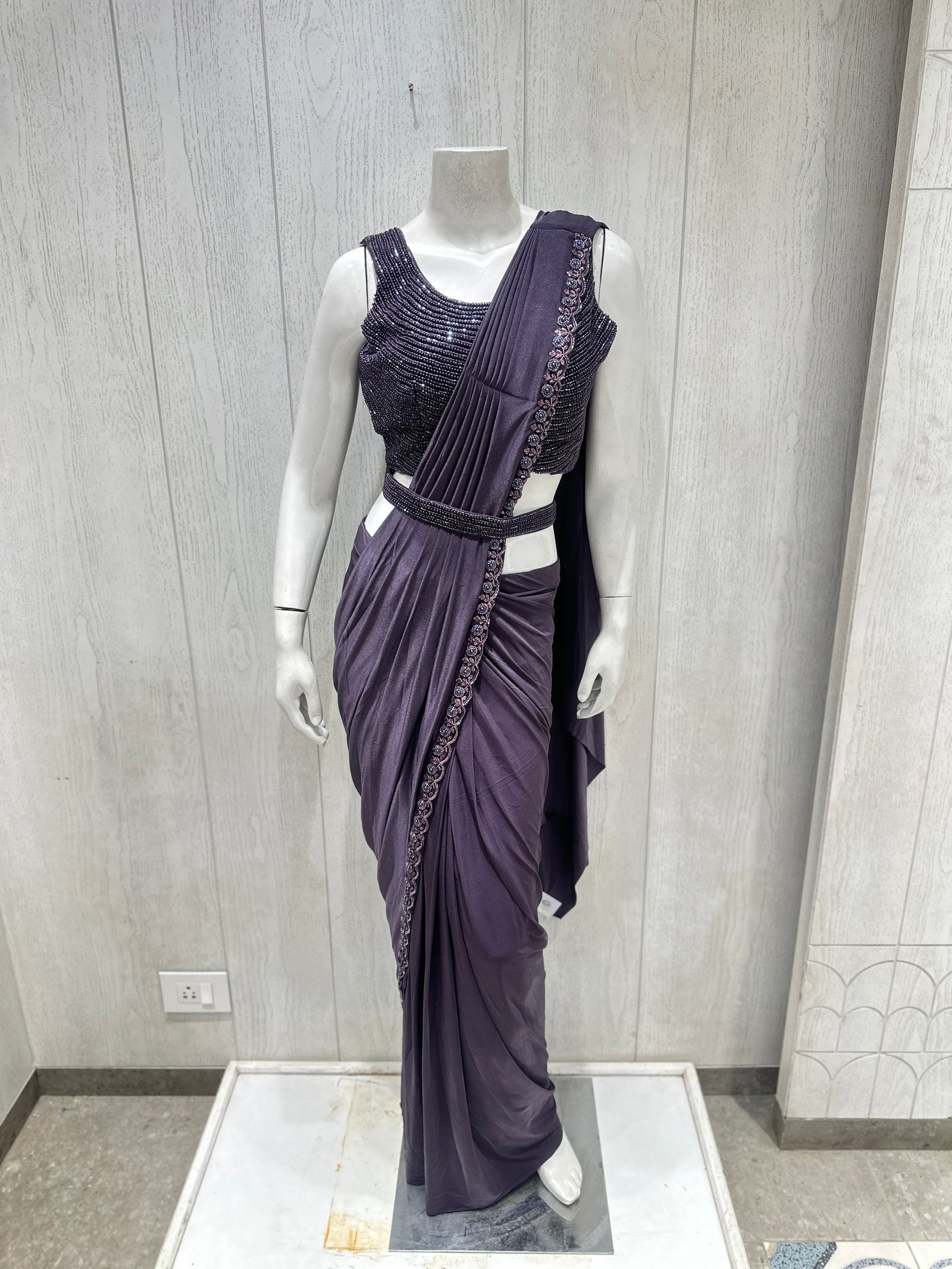 Purple Shimmering Ready-to-Wear Saree with Beaded Waist Belt