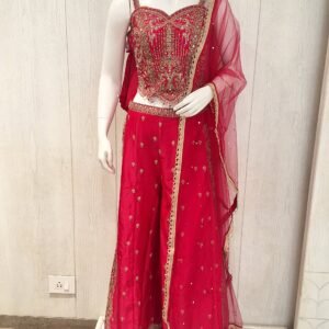 Crimson Red Silk Sharara Suit with Traditional Zari Embroidery