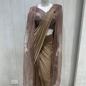 Coffee Brown Shimmering Ready-to-Wear Saree with Embroidered Cape Shrug (L)