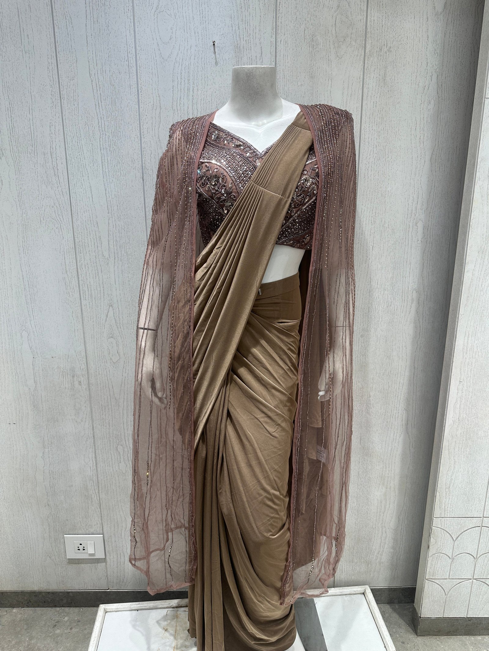 Coffee Brown Shimmering Ready-to-Wear Saree with Embroidered Cape Shrug (L)