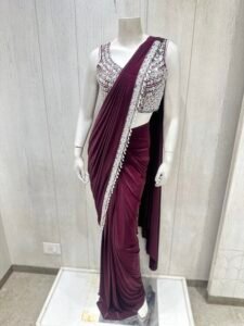 Wine Shimmering Ready to Wear Saree with Embroidered Blouse (L)
