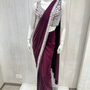 Wine Shimmering Ready to Wear Saree with Embroidered Blouse (L)