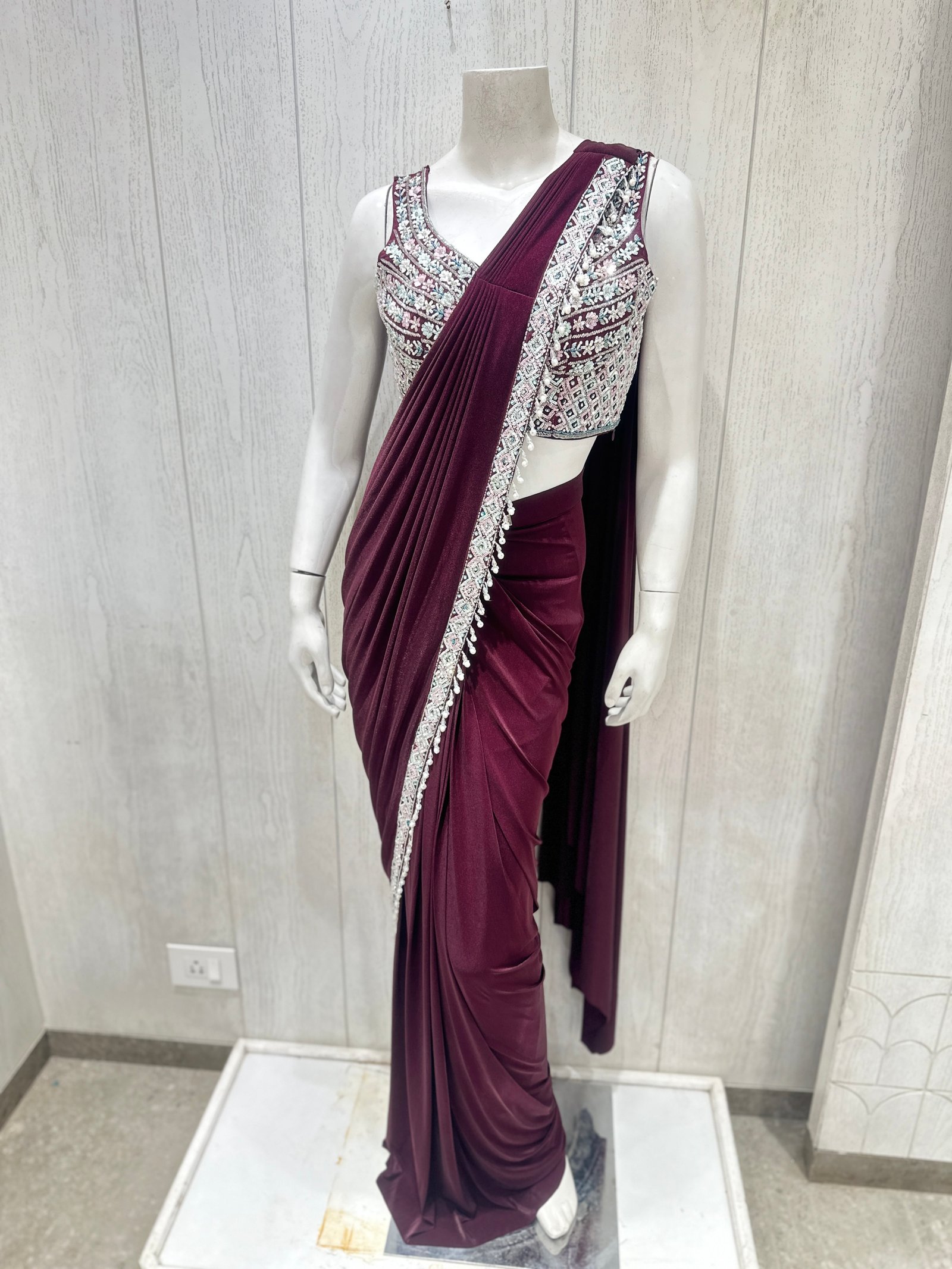 Wine Shimmering Ready to Wear Saree with Embroidered Blouse (L)
