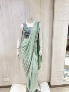 Mint Green Shimmering Ready-to-Wear Saree with Contrast Embroidered Blouse (L)