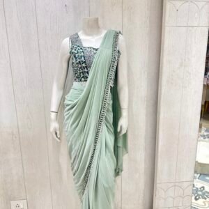Mint Green Shimmering Ready-to-Wear Saree with Contrast Embroidered Blouse (L)