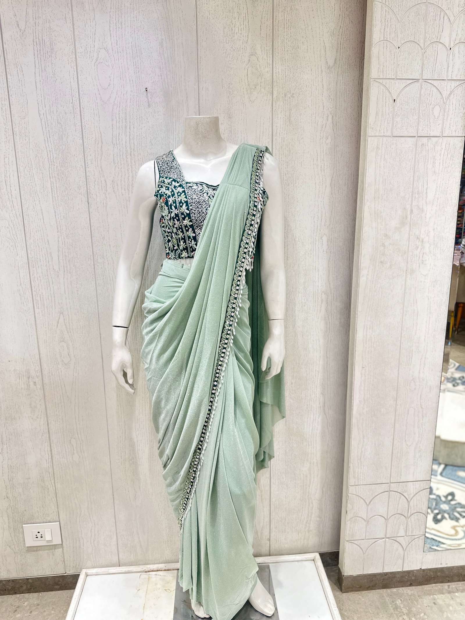 Mint Green Shimmering Ready-to-Wear Saree with Contrast Embroidered Blouse (L)