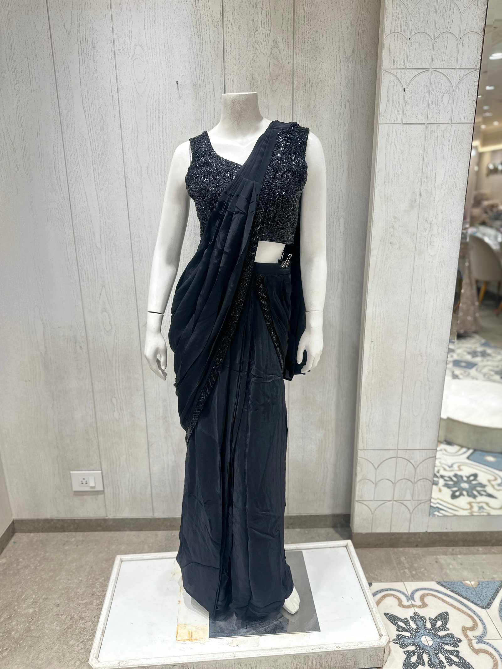 Black Shimmering Ready-to-Wear Saree with Sequin Embroidered Blouse