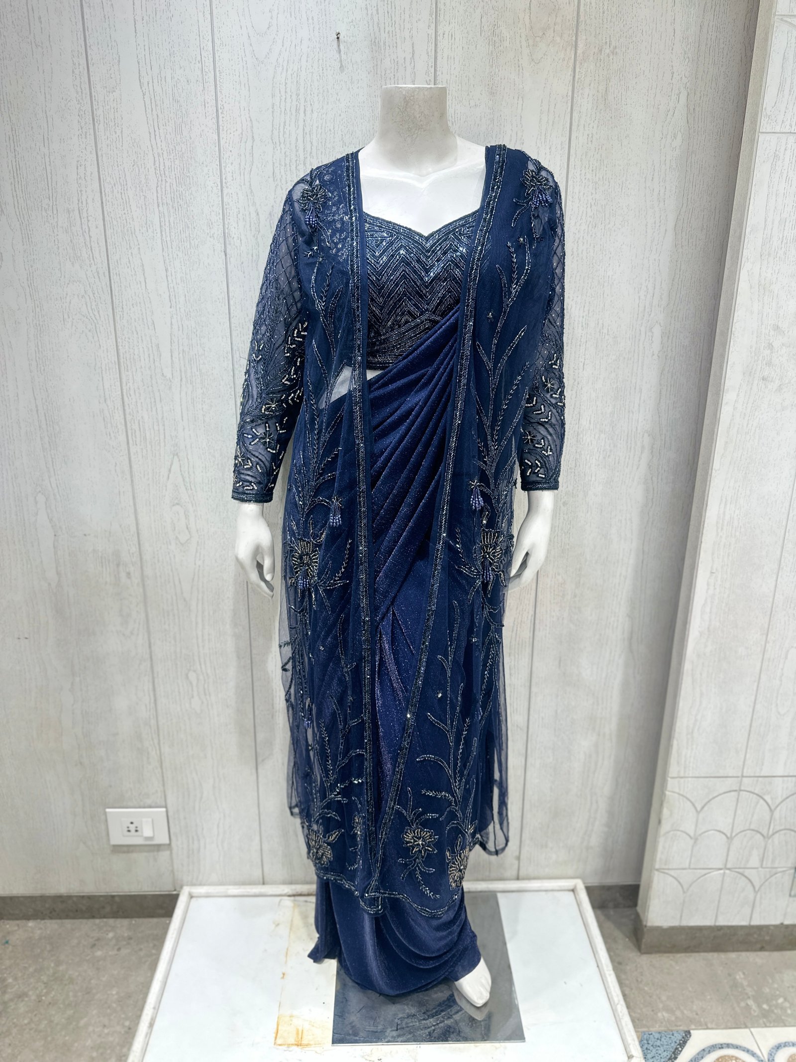 Navy Blue Shimmering Ready-to-Wear Saree with Embroidered Jacket (2XL)