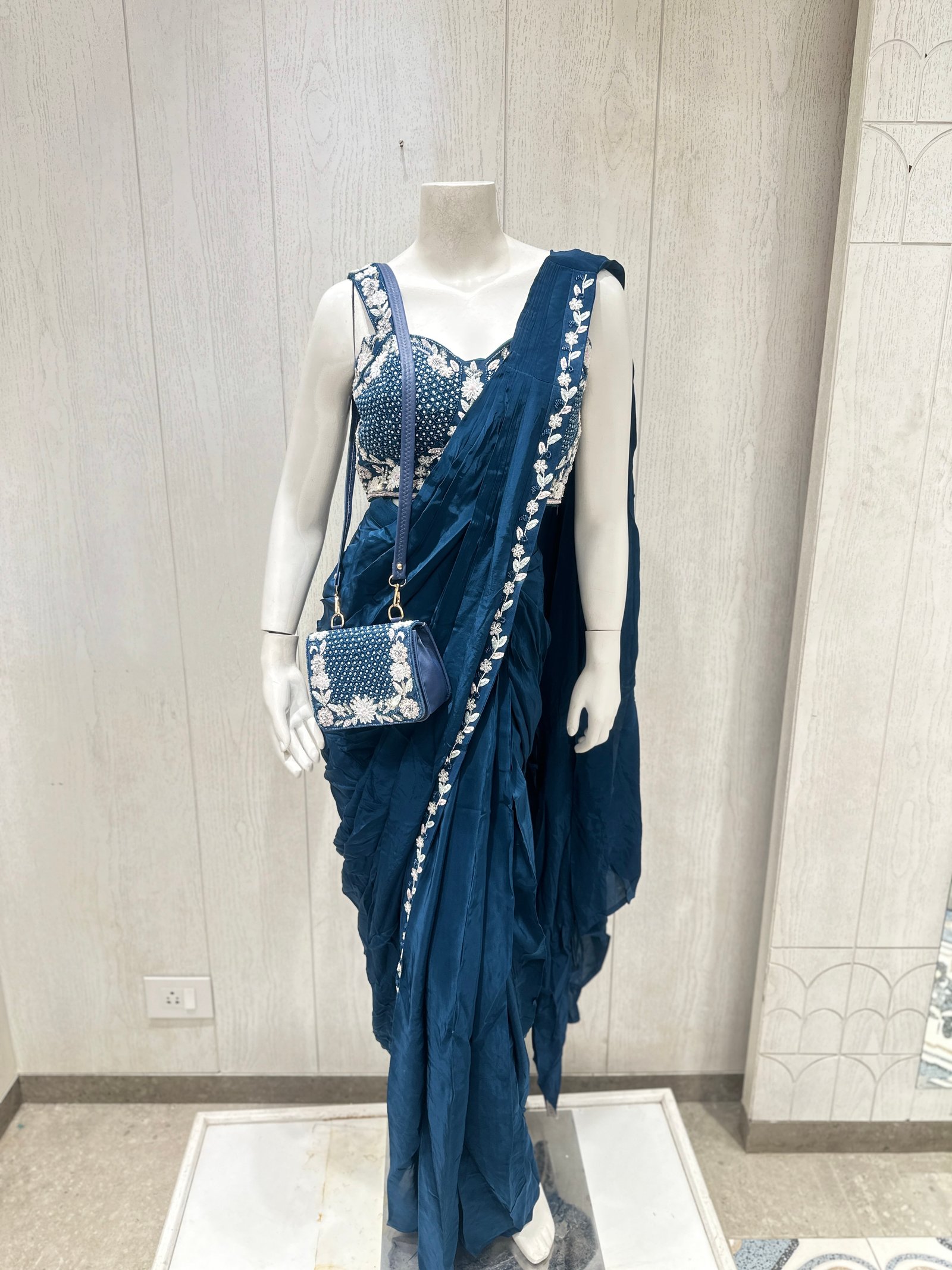Teal Blue Pre-Draped Ready-to-Wear Saree with Embroidered Blouse and Matching Sling Bag (L)