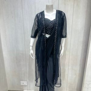 Black Shimmering Ready-to-Wear Saree with Embroidered Sheer Jacket (L)