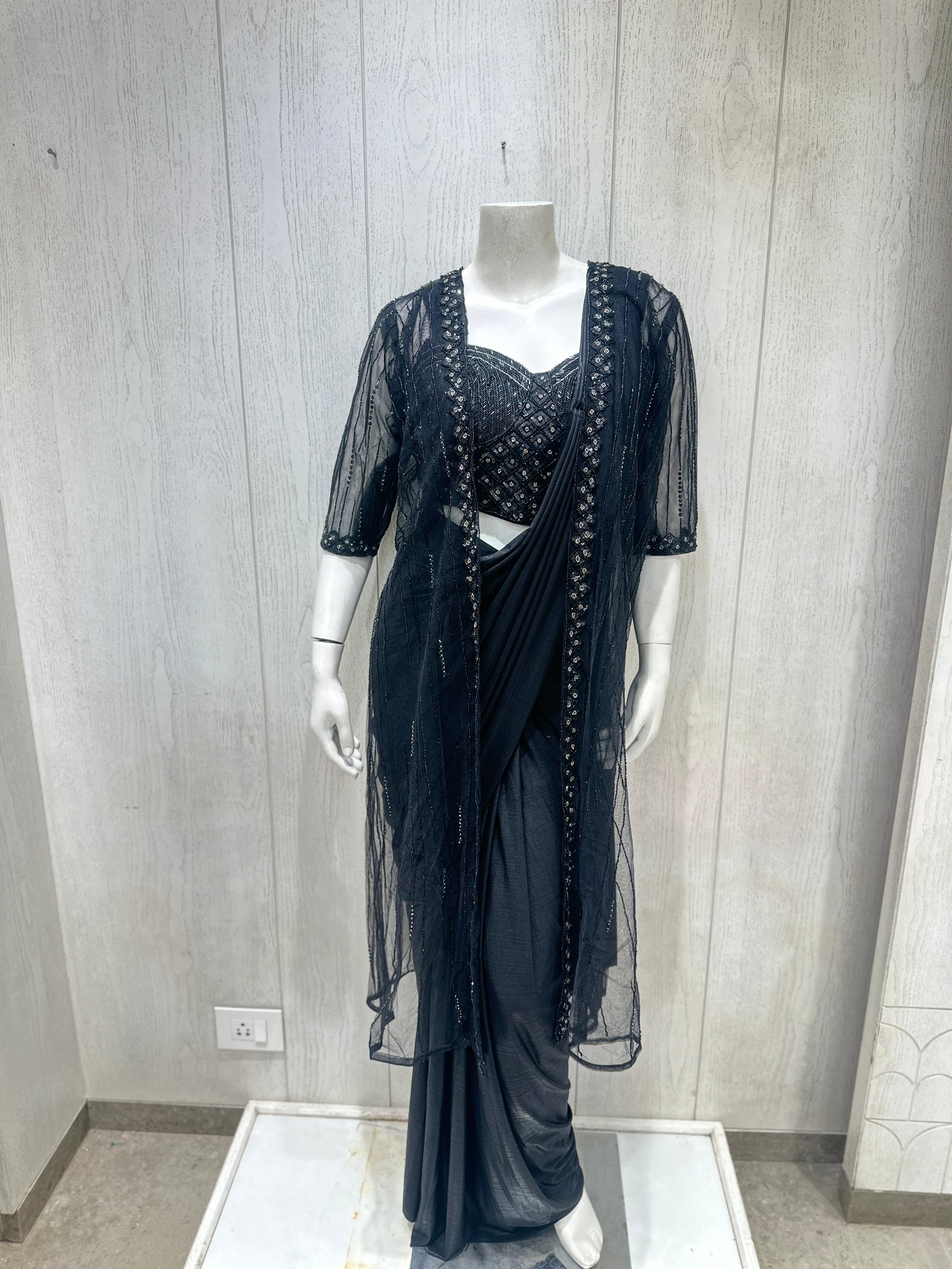 Black Shimmering Ready-to-Wear Saree with Embroidered Sheer Jacket (L)
