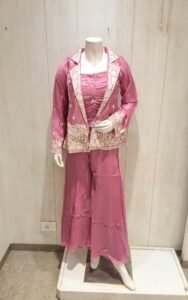 Mauve Pink Silk Blazer Set with Floral Embroidery