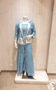 Sky Blue Silk Blazer Set with Ivory Floral Embroidery