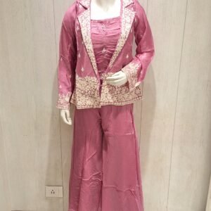 Mauve Pink Silk Blazer Set with Floral Embroidery